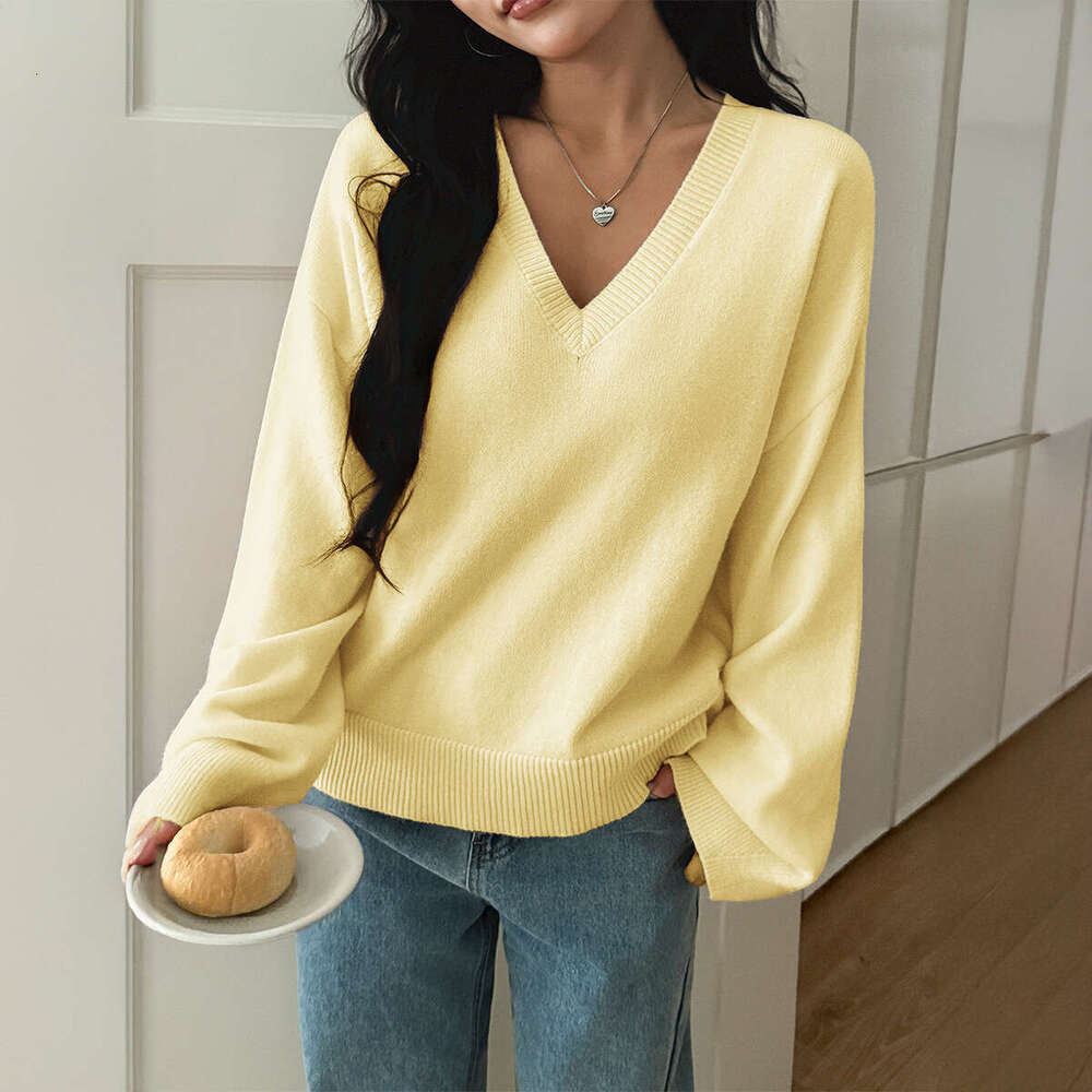Cross-Border European and American Y2K Hot Girl Style V-Neck Solid Color Long Sleeve Sweater Knitted Women's Clothing 2025 Autumn Winter Indepe
