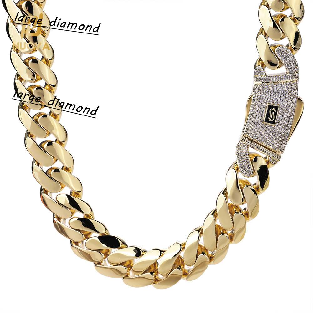 14K18K Gold Plated Thick Solid Cuban Link Chain Hip Hop Jewelry Iced Diamond Clasp Flat Miami Cuban Link for Men Women
