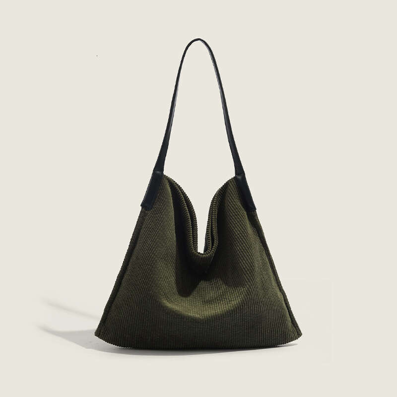 New Dark Green Corduroy Tote Women, Autumn and Winter Korean Style Ins Casual Commuter Large Capacity Shoulder Bag for Women
