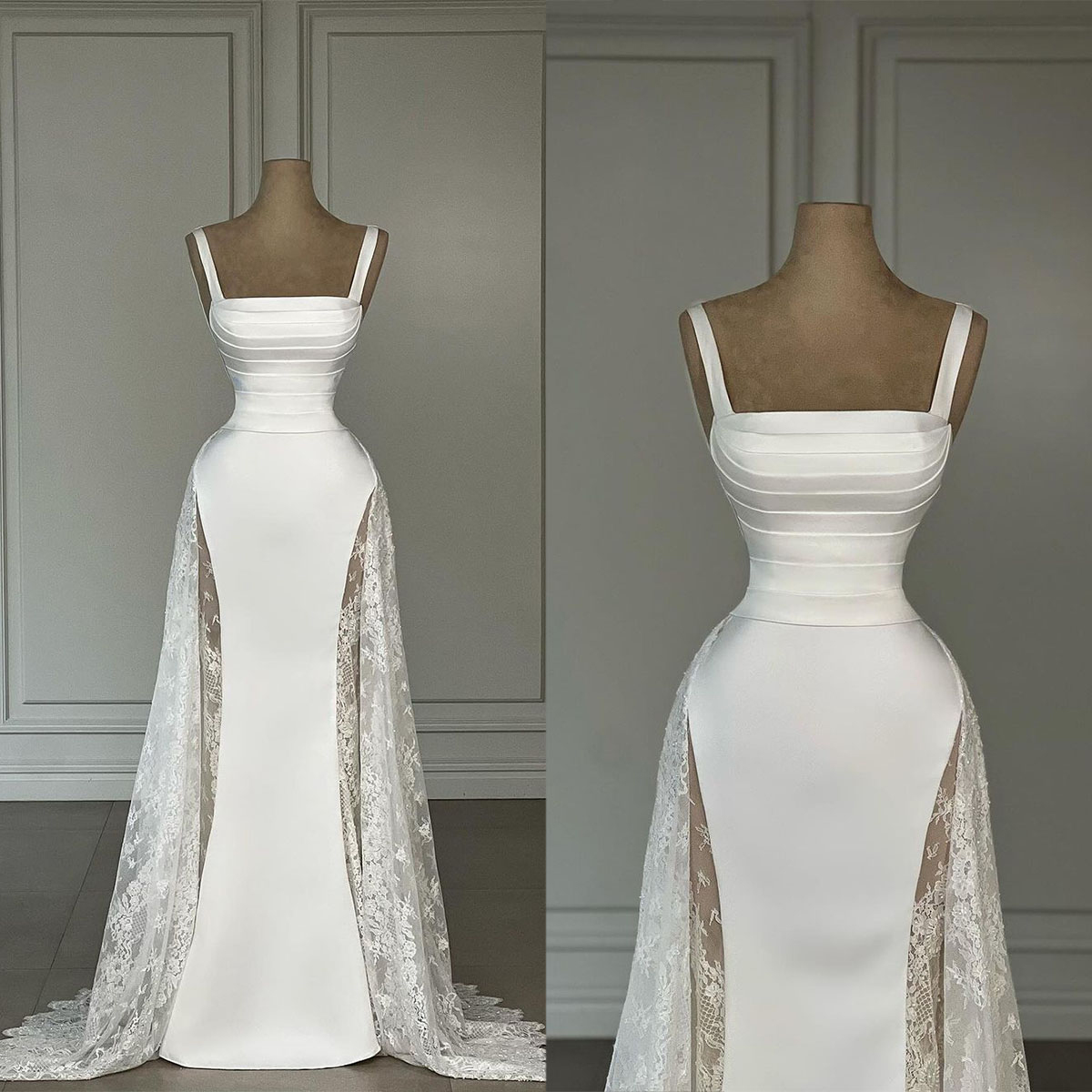 Satin Lace Patchwork Wedding Dresses A Line Princess Style Sheath Square Neck Pleated Bridal Gowns Sweep Train Custom Made Beach Garden Dresses