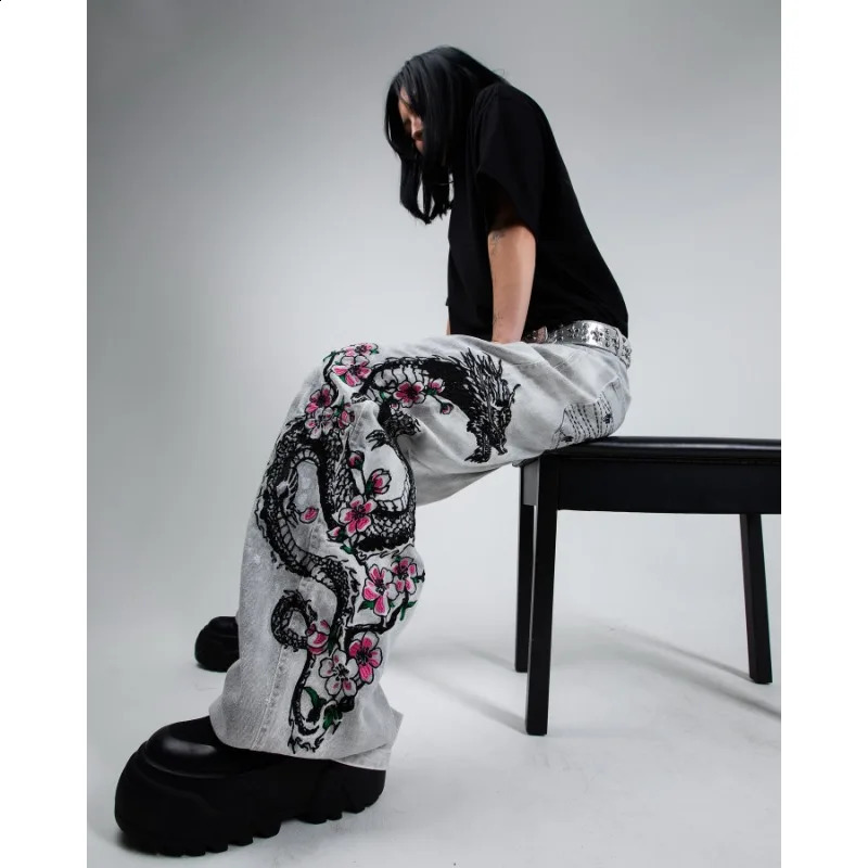 Harajuku Dragon pattern embroidered flowers aesthetic high quality oversized jeans for women American Y2K white trousers 250920
