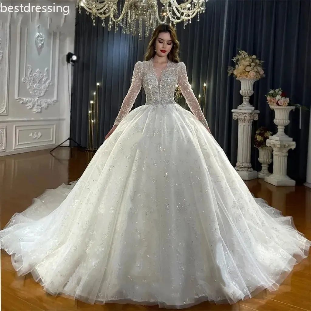 Fashion Style Sparkly Sequined Wedding Dress Illusion Scoop neck Long Sleeves Beaded Backless Beads Appliqued Lace Women Bridal Gowns New Vestido
