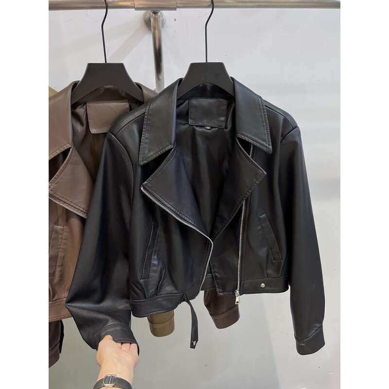 Women's Stylish PU Leather Jacket - Loose Fit Short Biker Coat With Princess Sleeves, Elegant Blazer Lapel For Casual Outfits (Black, Coffee)