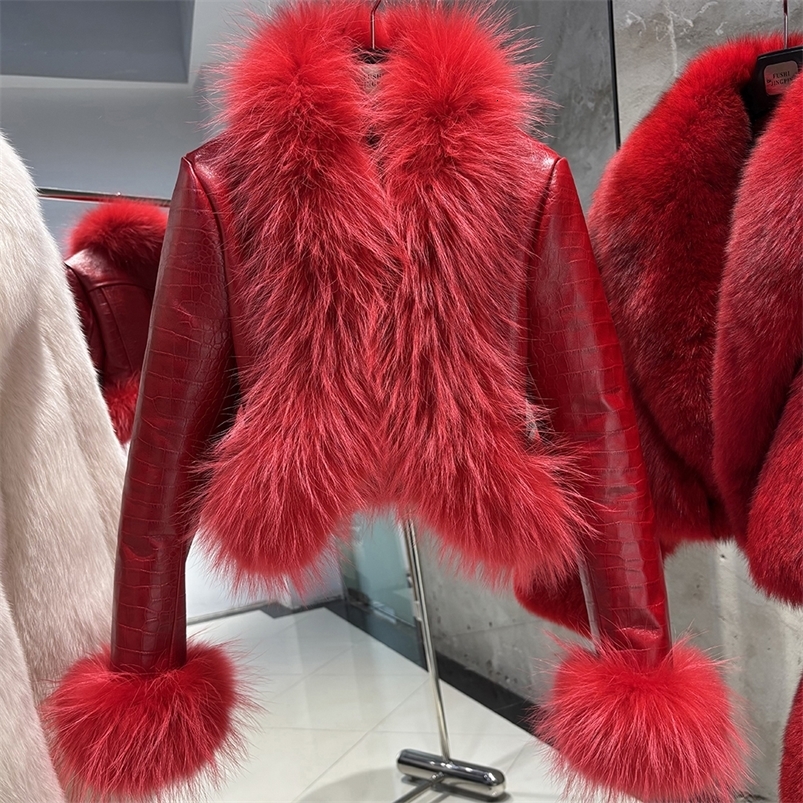 YOLOAgain Red Croc Pattern Leather Jacket Women Real Sheepskin Cropped Jacket With Fox Fur Collar 250922