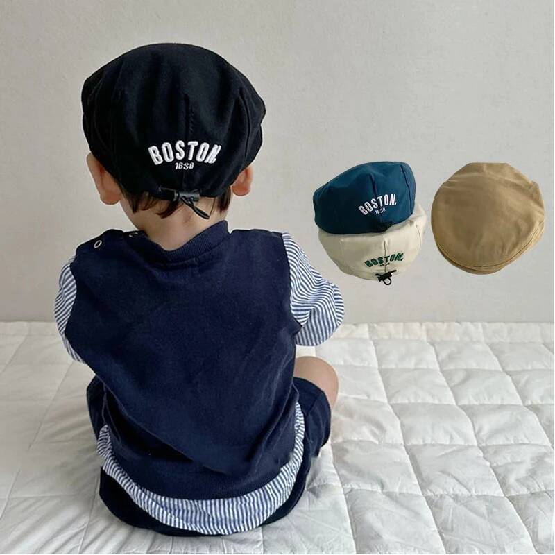 Korean Embroidered Kids Beret Solid Letter Baby Adjustable Drawstring Forward Hat Summer Cotton Children Flat Peaked Cap ddmythur