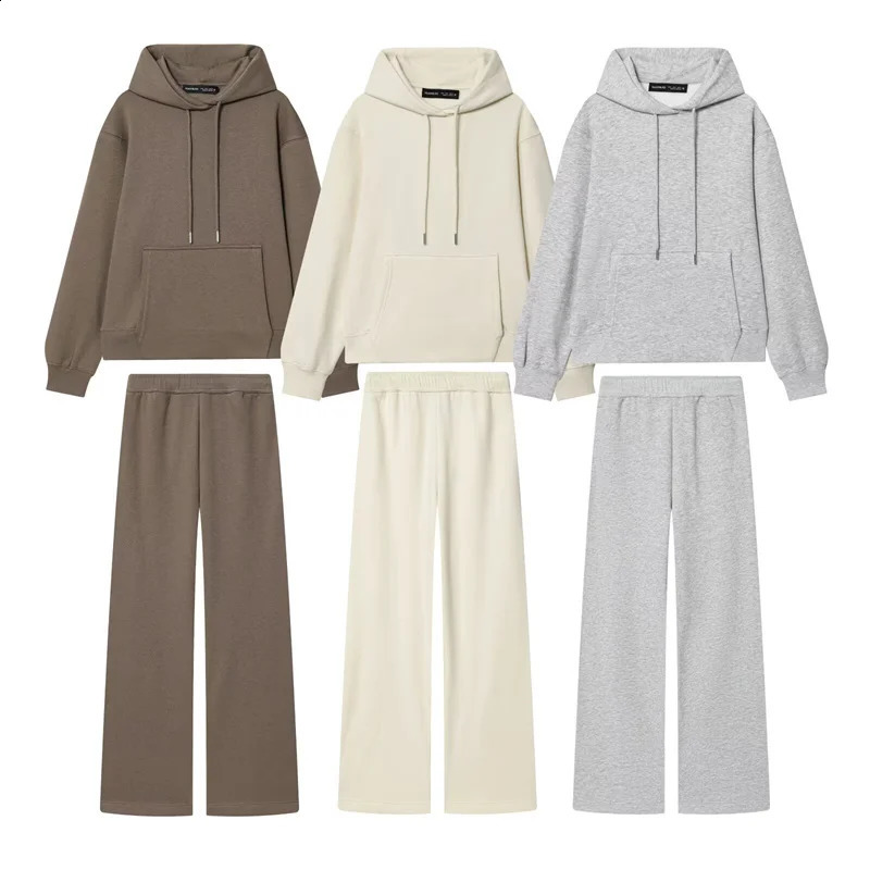 Womens Suit for Autumn 2025 Solid Color Long Sleeve Basic Hoodie Fleece Sweatshirt and Long Pants Set Casual Fashion 250917