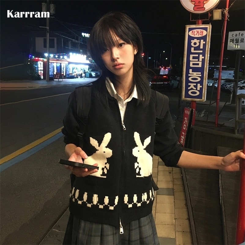 Karrram japonais y2k tricot cardigans vintage lapin vintage broderie zipper tricots harajuku 2000S corean tricot coat preppy style 250920