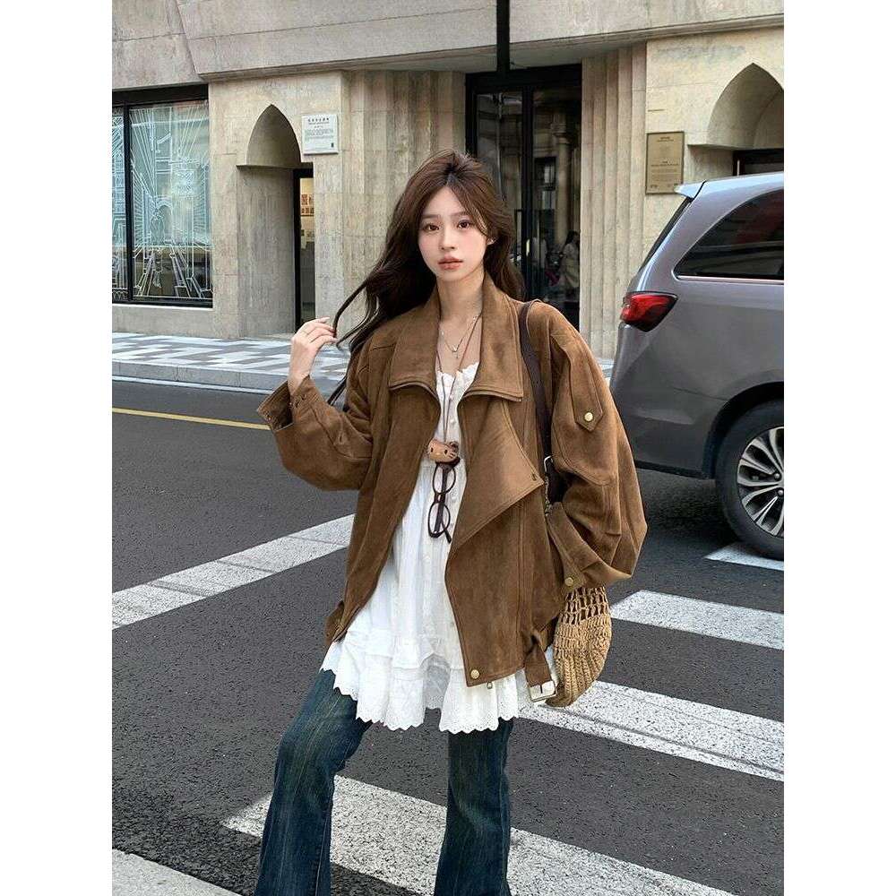 Suede Leather Motorcycle Autumn Melard Casual Loose Lazy Turn-Down Collar Oversized Jacket For Women