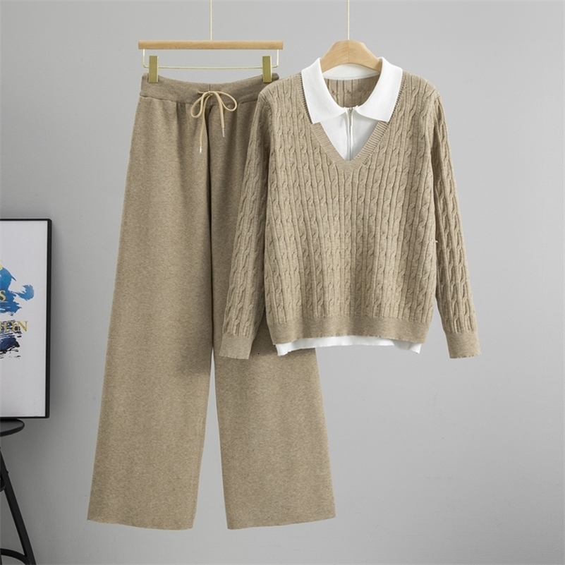 Automne Fashion Korea Femmes Suits revers deux hauts tricots Treat Pantalon de la jambe à taille haute élastique Set Femme 2025 250920