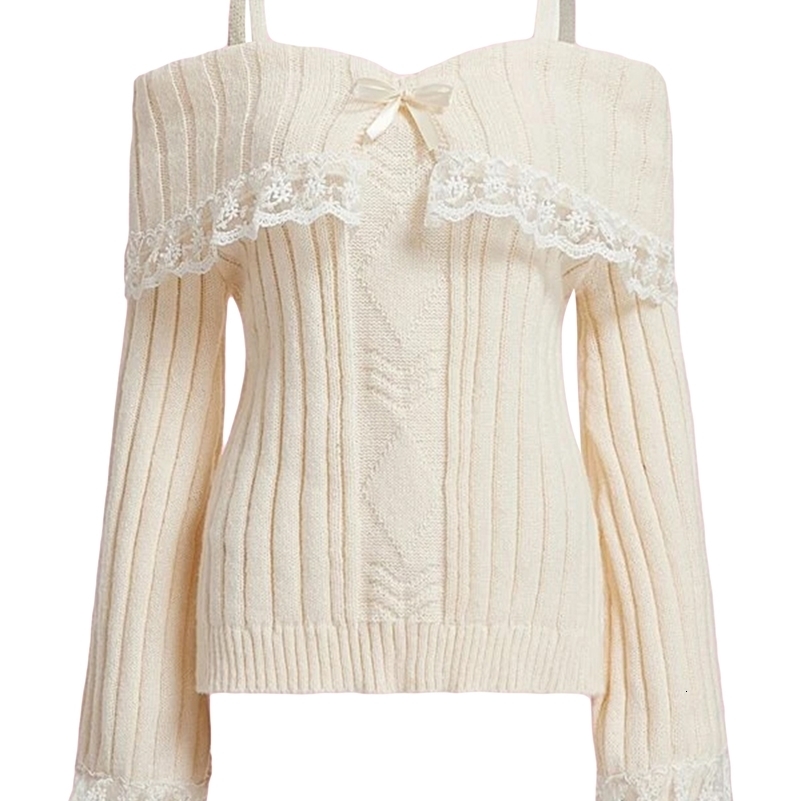 Womens Cold Shoulder Sweaters Long Sleeve Lace Trim Knit Pullovers Bow Front Jumpers Tops Fall Winter Y2K Clothes 250818
