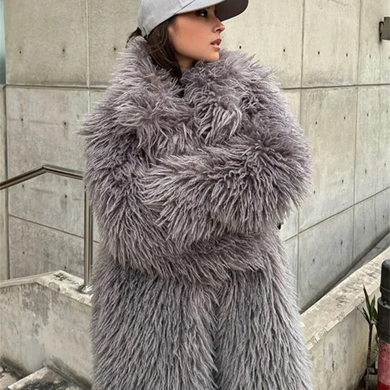 Hiver fausse fourrure longue manteau femme vintage à manches pleines de poche repeuple épaississeurs chaudes streetwear urbain femelle féminine 2