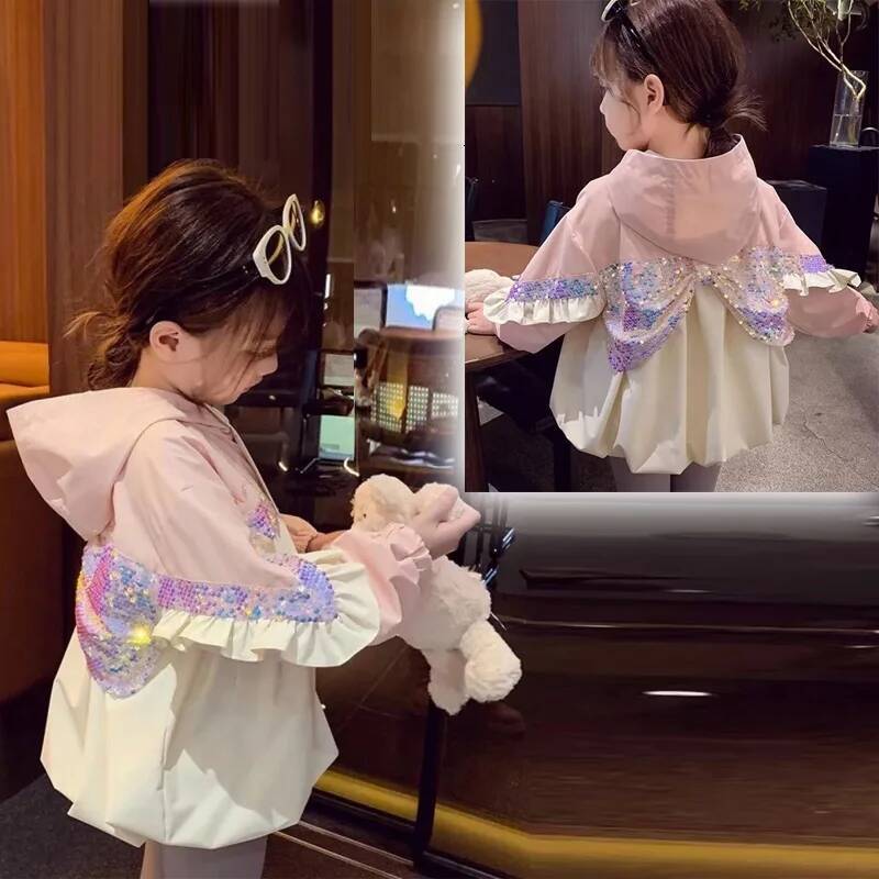 Sequins Girls Trench Coat Children Spring Fashion Jacket Pincess Bow Hooded Outerwear New Kids Autumn Casual Clothing 2-8 Years ddmyshoesvip