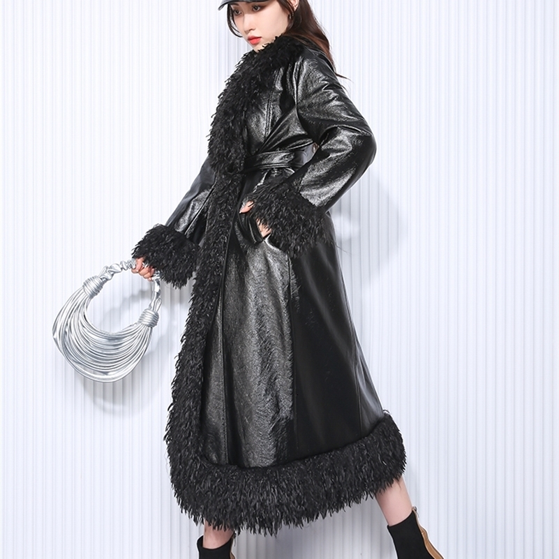 Nerazzurri Autumn Winter Long Loose Black Quilted Warm Soft Pu Leather Coat Women with Faux Fur Trim Sashes European Fashion 250920