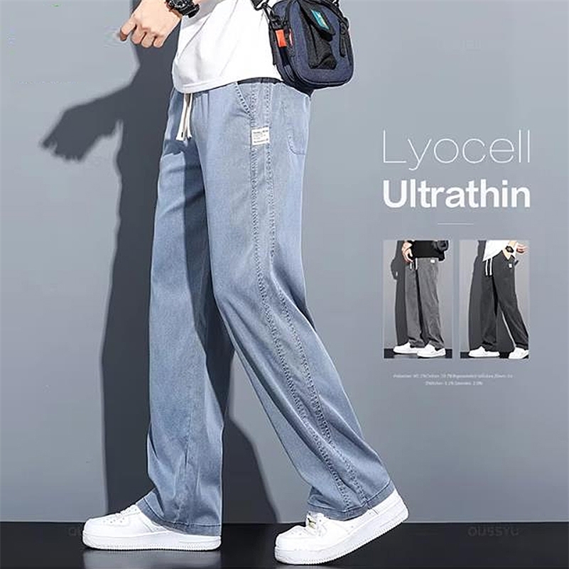 Summer soft Lyocell fabric mens jeans loose straight leg pants drawstring elastic waist Korean casual pants plus size M5XL 250920