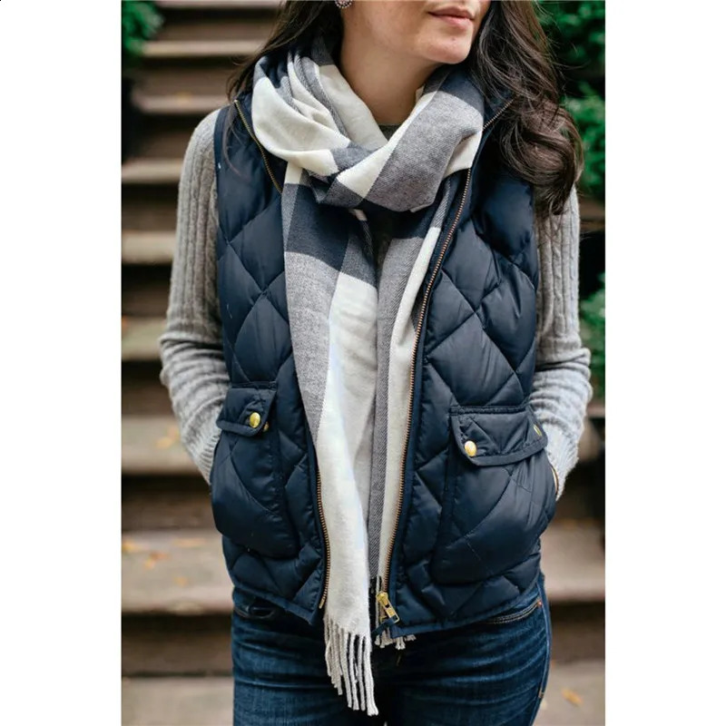 Warm Vest Solid Color Vest For Women Stand Collar Warm Padded Zipper Up Side Pockets Quilted Puffer Wild Fashion Vest 250911