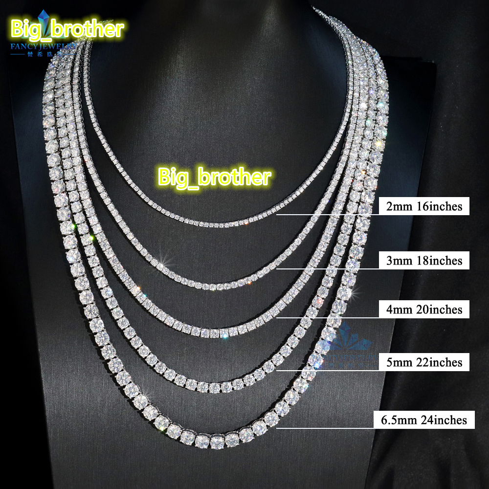 In Stock 925 Sterling Silver VVS Moissanite Diamond Iced Out 2MM 3MM 4MM 5MM 65MM Tennis Chain Necklace for Men