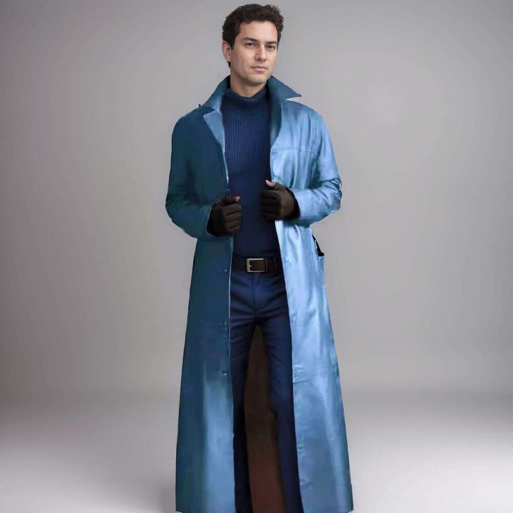 In StockAutumn Fashionable Elegant Solid Color Slim Fit PU Extended Leather Jacket Men's Coat
