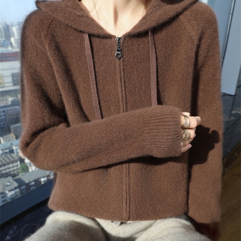 Thick Womens 100 Merino Wool Sweater Hooded Zippers Cardigan Solid Casual Jacquard Cashmere Autumn Winter Loose Knitwear Tops 250920