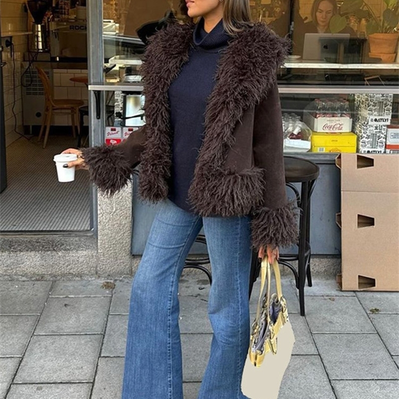 Vintage Solid Faux Fur Jackets Women Casual Plush Lapel Open Coats Female Autumn Winter Trendy Elegant Warm High Street Outwear 250920