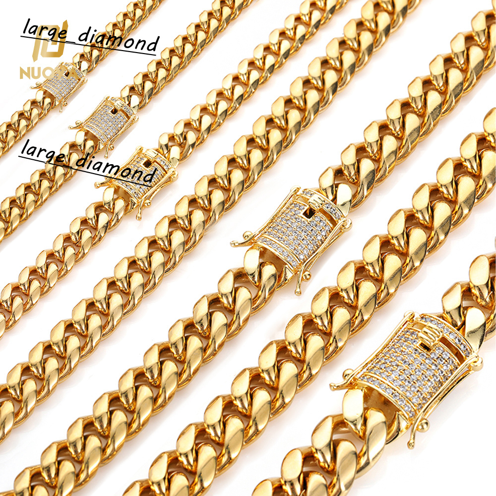 Hip Hop 8MM Mens Miami Stainless Steel Gold Chain Iced Out 18K Gold Plated Cuban Necklace