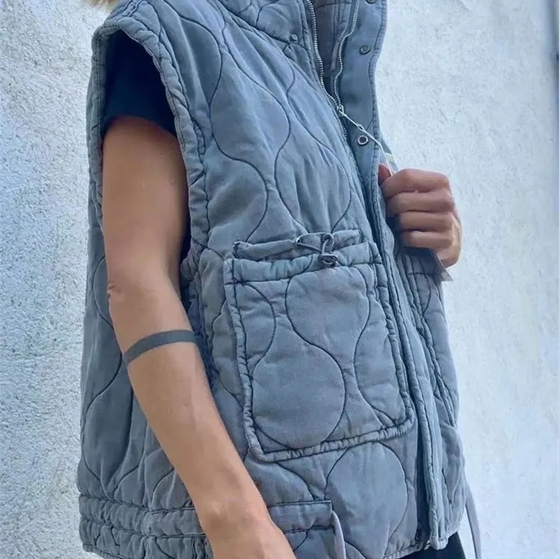 Nlzgmsj 2024 Autumn Winter Women Pocket Cotton Jacket Vest Sleeveless Stand Neck Zipper Waistcoat Loose Female Streetwear250920