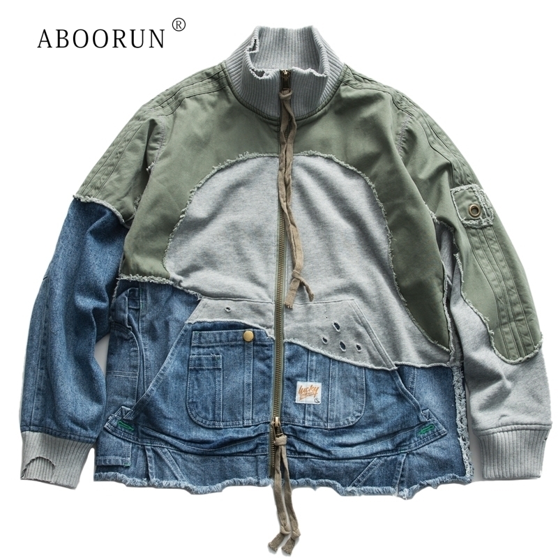 ABOORUN Hi Street Ripped Patchwork Denim Jackets Mens Vintage Turtleneck Cotton Coat 250818