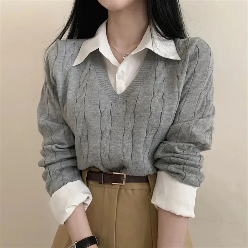 Les pulls d'agrégation de printemps et d'automne coréens chélairs rétro Tempérament preppy deux pièces chemises twist tricot womens y2k tops y250