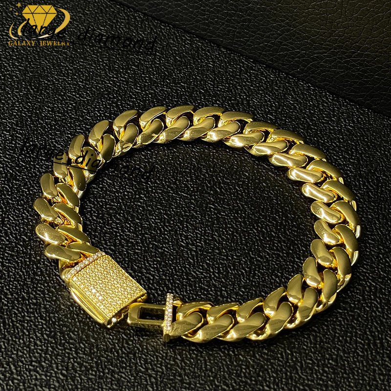 Galaxy Jewelry 14K Gold Plated Cuban Link Chain 925 Sterling Silver Punk Hiphop Bracelet Miami Necklace
