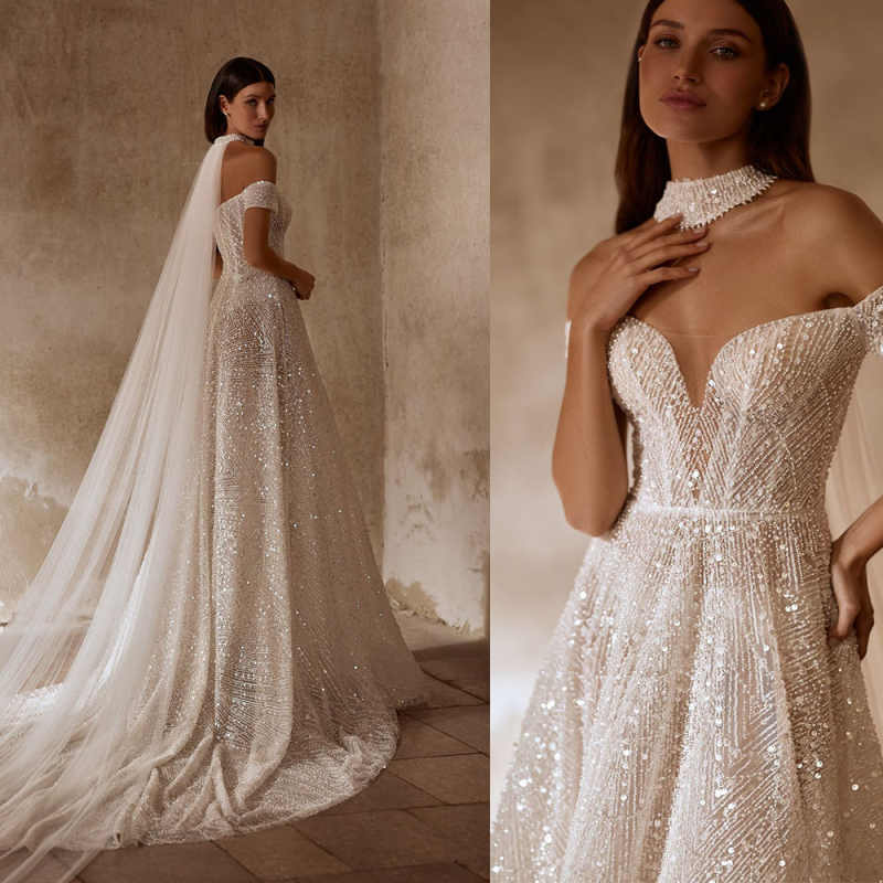 Charming Sequins A line Evening Dresses Off Shoulder Sweep Train Prom Gowns Beadeds Formal Occasion Party Customized