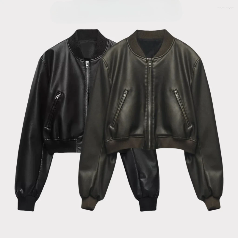 Women's Jackets Autumn Girl Stand Collar Distressed Faux Leather Bomber Jacket Fashion Female Commuter