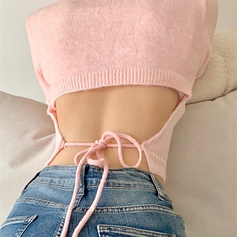 AOSSVIAO Women Knitted Tank Top Summer Fall Slim Sweater Short Sleeveless Solid Spring Lace Up Backless Pullovers 2025 y250920