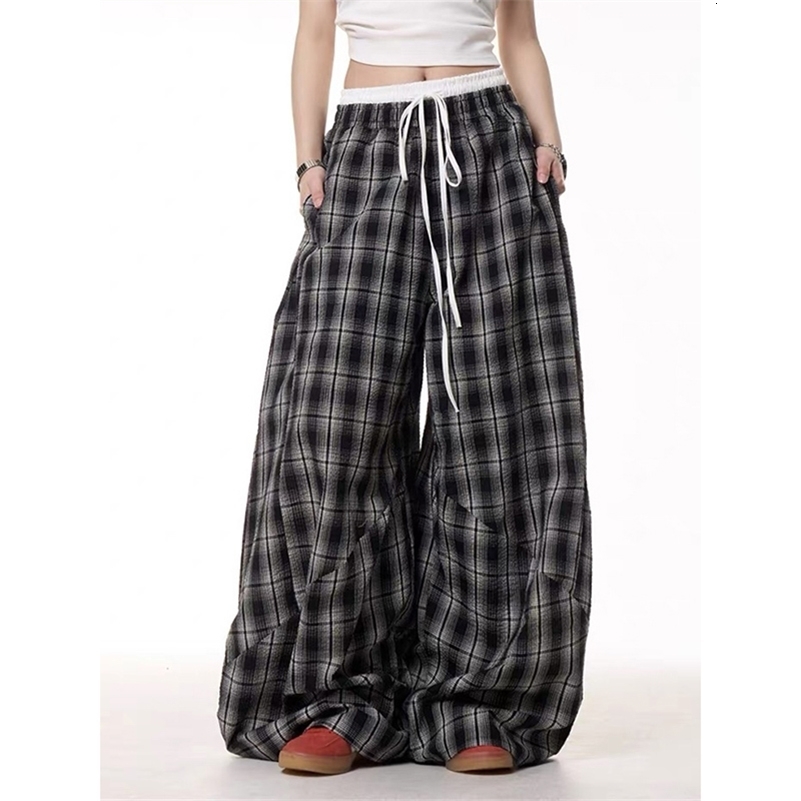 Black Plaid Patchwork Wide Leg Pants Mens Autumn American Vintage Y2K 2000s Style High Waisted Hip Hop Breathable Sweatpants 250920