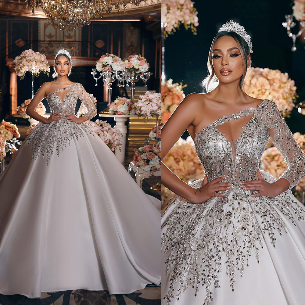 Exquisite Ball Gown Wedding Dress One Shoulder Long Sleeves Bridal Gowns Crystal Appliques Sweep Train Dresses Custom Made vestidos de novia