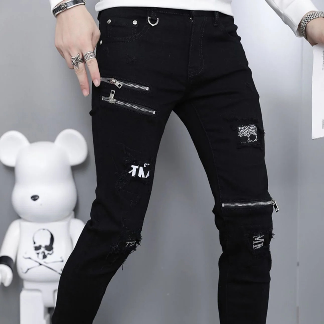 Spring and Autumn Fashion Black Ripped Stretch Jeans Mens Casual Slim Breathable HighQuality Straight Leg Pants 2836 250920
