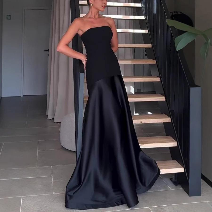 2025 Nouveau European et Américain Sexy Sexe sans bretelles Satin sans manches Patchwork Robe de couleur