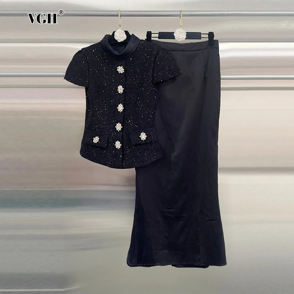 VGH Élégant ensembles de deux pièces pour les femmes du col debout à manches courtes à manches courtes en tweed top haut taille bodycon jupes ada