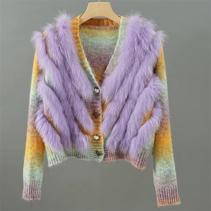 Autumn Knitted Sweater Cardigan With Real Fox Fur Short Female Vneck Natural Fur Stripe Cardigans Outwear 250920