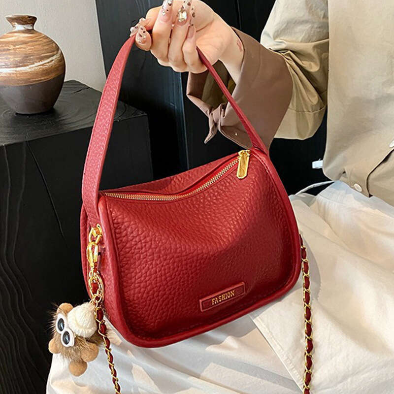 rouge pour les femmes en cuir souple motif litchi sac à main Style coréen étudiant bandoulière petit automne nouveau sac à chaîne