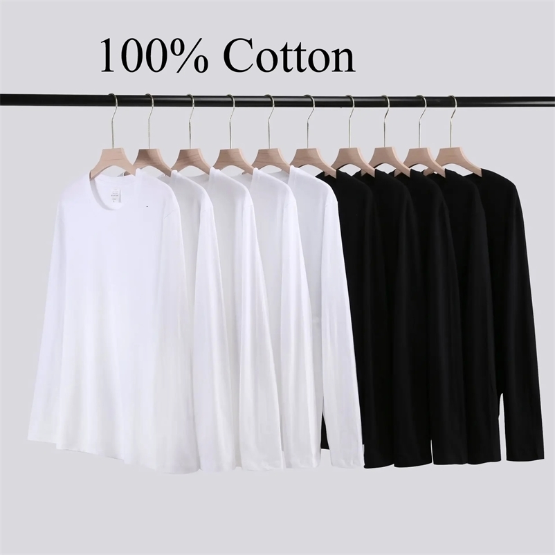 Heavy Cotton Mens Long Sleeve T Shirt Solid Color Bottom Half 100 Korean Tee y250920