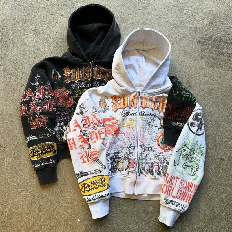 Y2k American Fashion Personality Versatile Anime Printed Zipper Hoodie Men Vintage Goth Dark Style Oversized Sweatshirt Women 250920