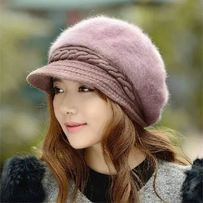 New Women Beret Hats Fashion Winter Warm Rabbit Fur Knitted Beanie Ladies Female Casual Fleece Berets Cap bonnet hiver femme ddmythur