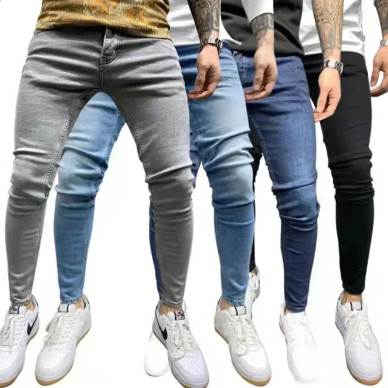 Male Hiphop Trousers Pure Color Ripped Jeans Men Slim Long Pencil Pant Men Clothing High Quality Men Fashion Thin Skinny Jeans 250920