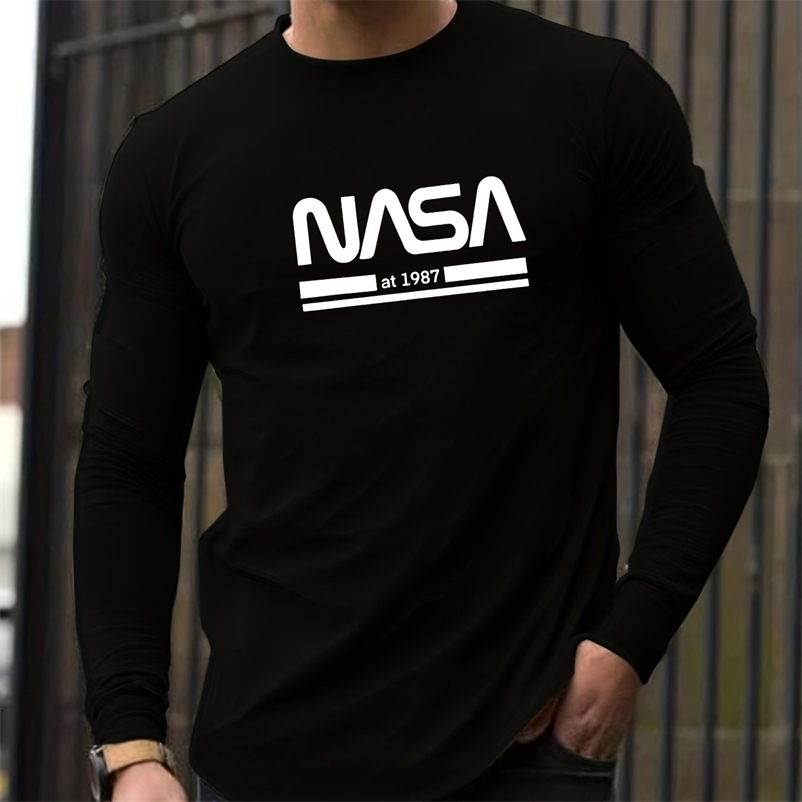 Mens Spring and Autumn 100 Cotton Loose Comfortable Casual NASA Letter Printed Round Neck Long Sleeve Tshirt y250920