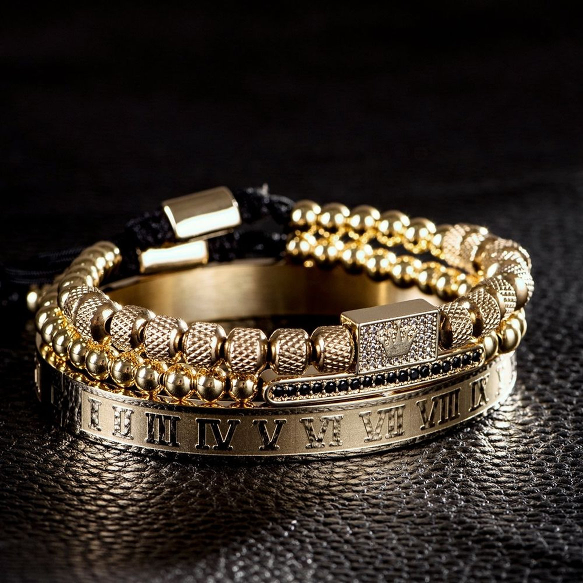 designer bracelet 925 sterling silver jewelry 3pcs Set gold bracelet Royal King Crown men bracelets Roman Numeral bracelet unique design braided adj