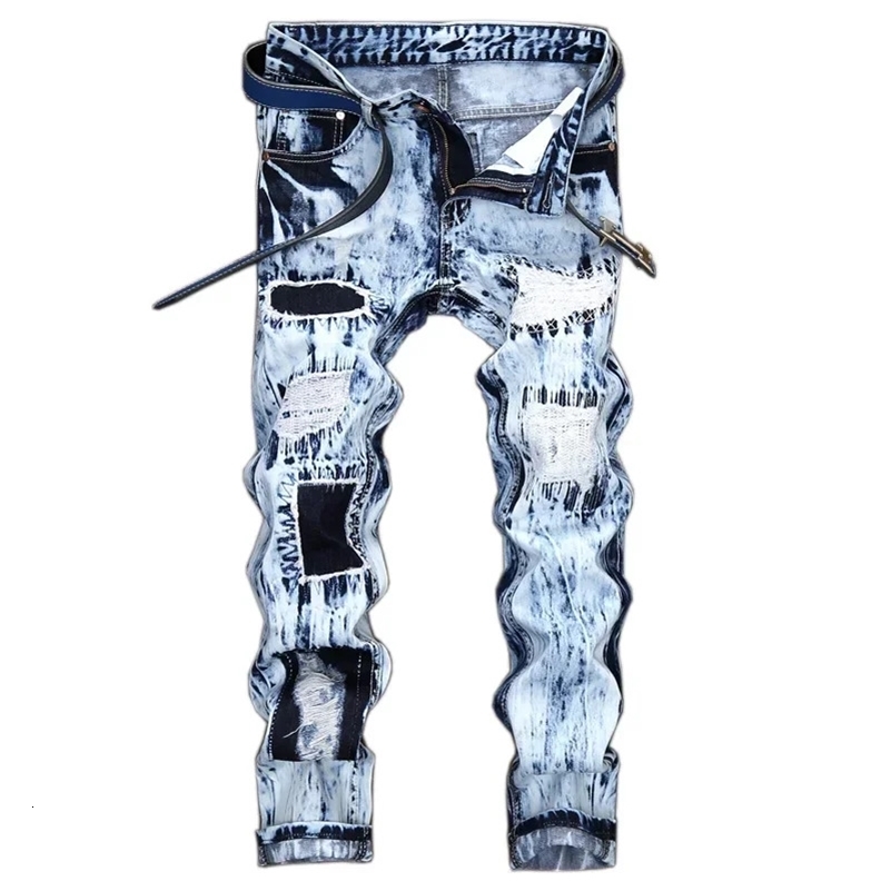 Mens Embroidered Patchwork Ripped Jeans without Belt Slim Fashion High Street Motorcycle Denim Pants Male er Clothes 250920