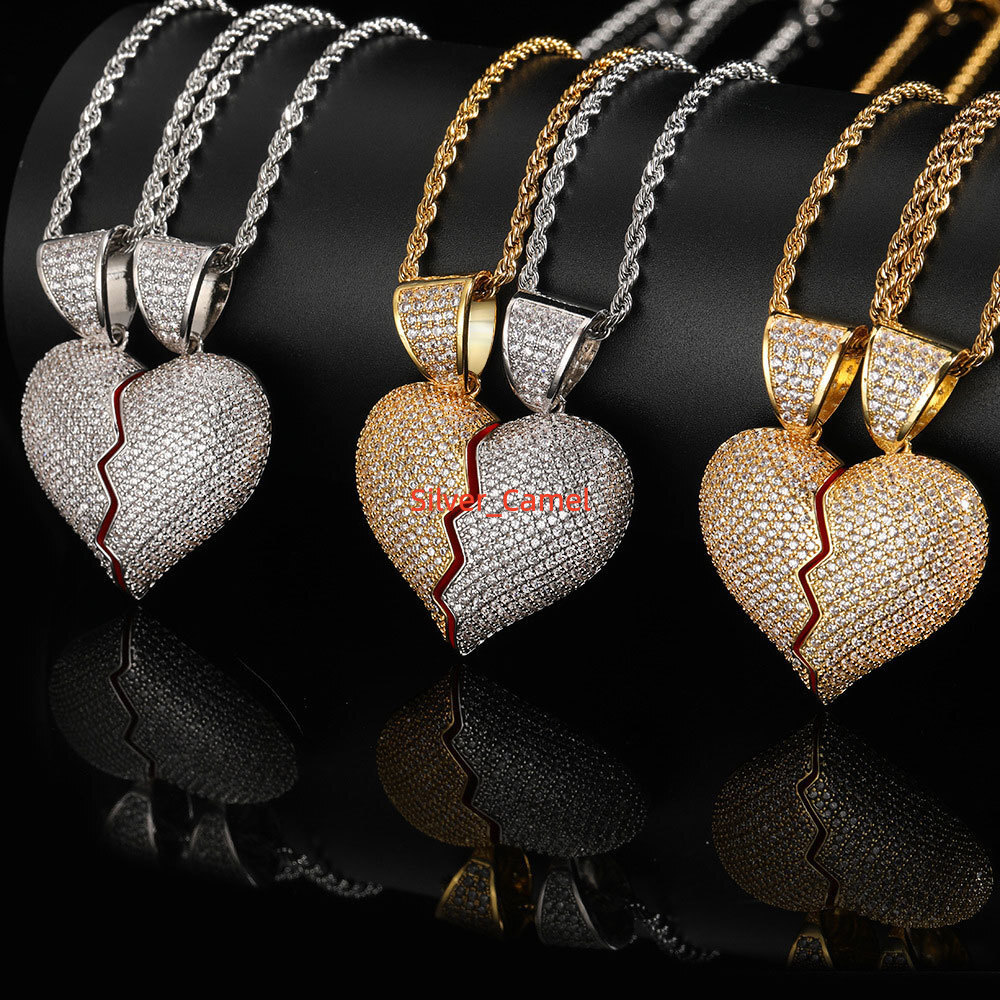 NUOYA Broken Heart Half Couple Necklace Hip Hop Iced Out Moissanite Pendant Custom Charm Pendant Gift for Women