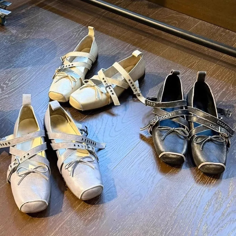 Mary jane Flat Square toe shoes womens Soft Genuine Leather shoes Lady One-word Buckle Ballet shoes retro elegant sweet 250809
