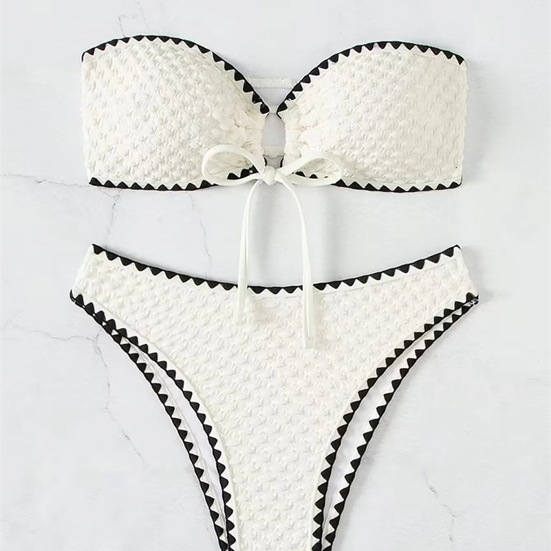 Swimwear White 2 Piece Strapless Swimsuit for Women Sexy Bandeau Backless Bikini Set Lace-up Patchwork Bathing Suit 2025 250327