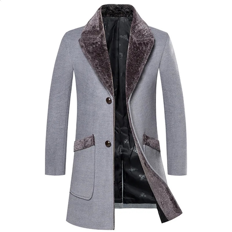 Arrival Winter Mens Long Woolen Coat Fur Collar Warm Wool Coats Male Solid Color Slim Casual Windbreaker Jacket 5XL 241223bj