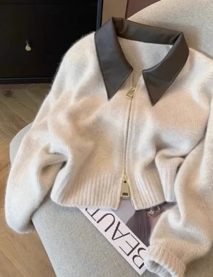 Fashion Luxury Designer Women Leather Collar Patchwork Double Zipper Knit Cardigan Graceful Fit Temperament Outer Wear Lapel Knitted Cardigan Jacket